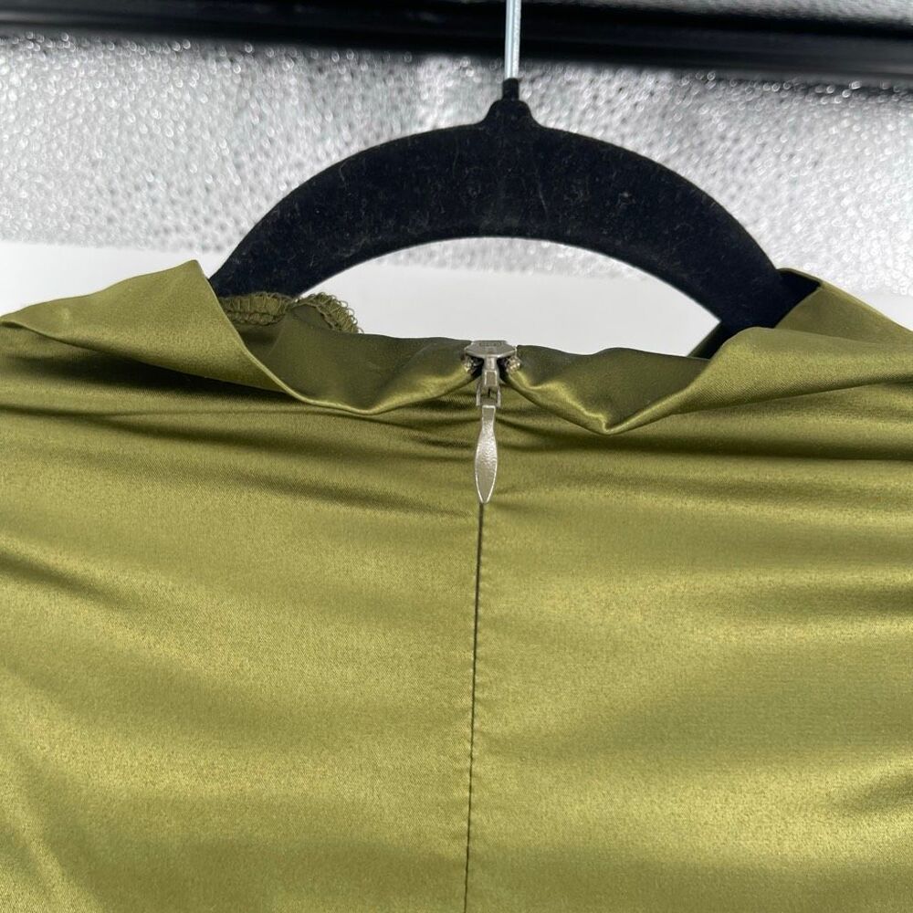 Olive Satin Draped Ruched Mini Dress XL Cowl Neck Cocktail Wedding Guest - Picture 9 of 15